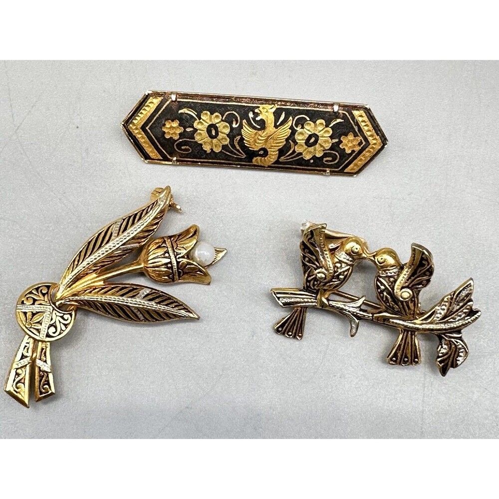 Vintage Damascene Jewelry Bird Pearl Flower Brooches Spain Lot Of 3